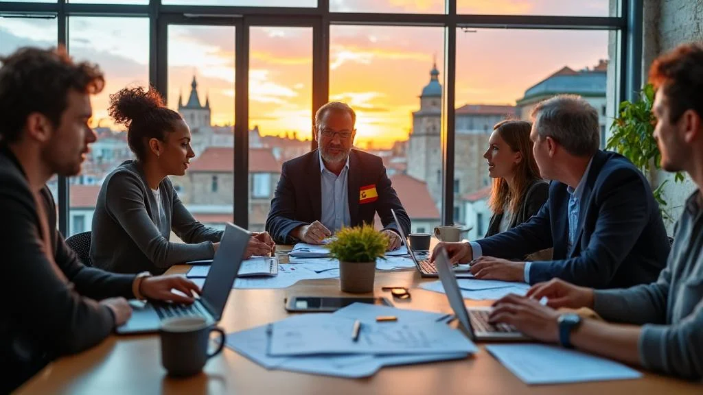 Entrepreneurs étrangers collaborant dans un espace moderne pour créer une entreprise en Espagne