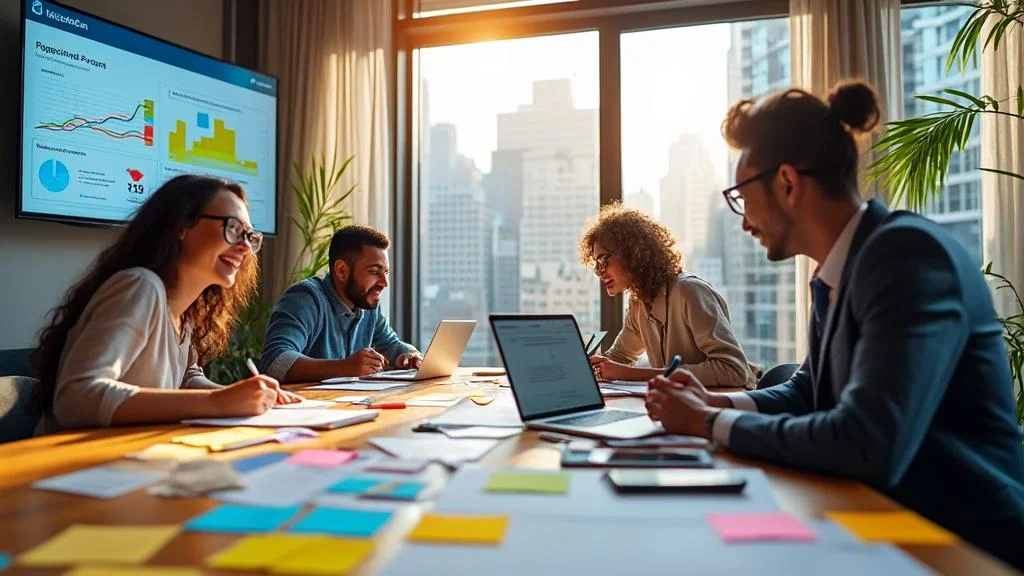 Groupe d'entrepreneurs planifiant 500 idées de projet innovantes pour réussir en 2025 dans un espace collaboratif moderne