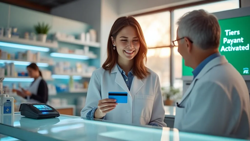 Image réaliste d’une personne utilisant une carte de mutuelle en pharmacie avec tiers payant actif