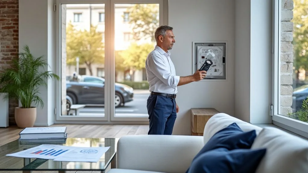 Professionnel réalisant un diagnostic immobilier dans un appartement, illustrant les coûts et comparaisons