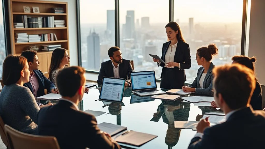 Salle de formation EMDR moderne avec apprenants attentifs et formateur en pleine démonstration du protocole