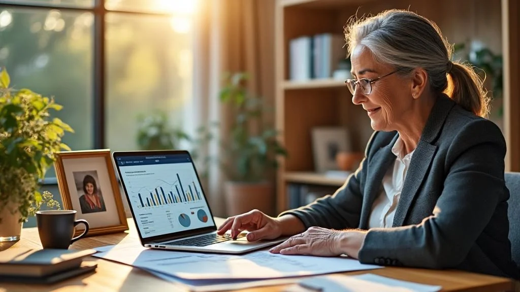 Senior over 55 planning flexible time management with Compte Épargne Temps dans un bureau lumineux moderne