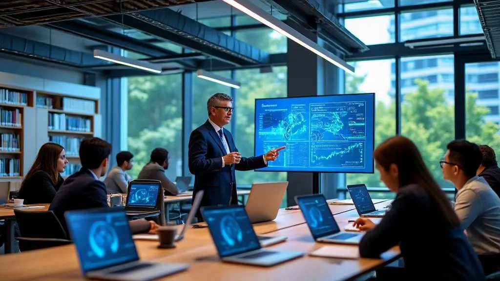 Étudiants en master en finance dans un laboratoire de recherche universitaire moderne et innovant