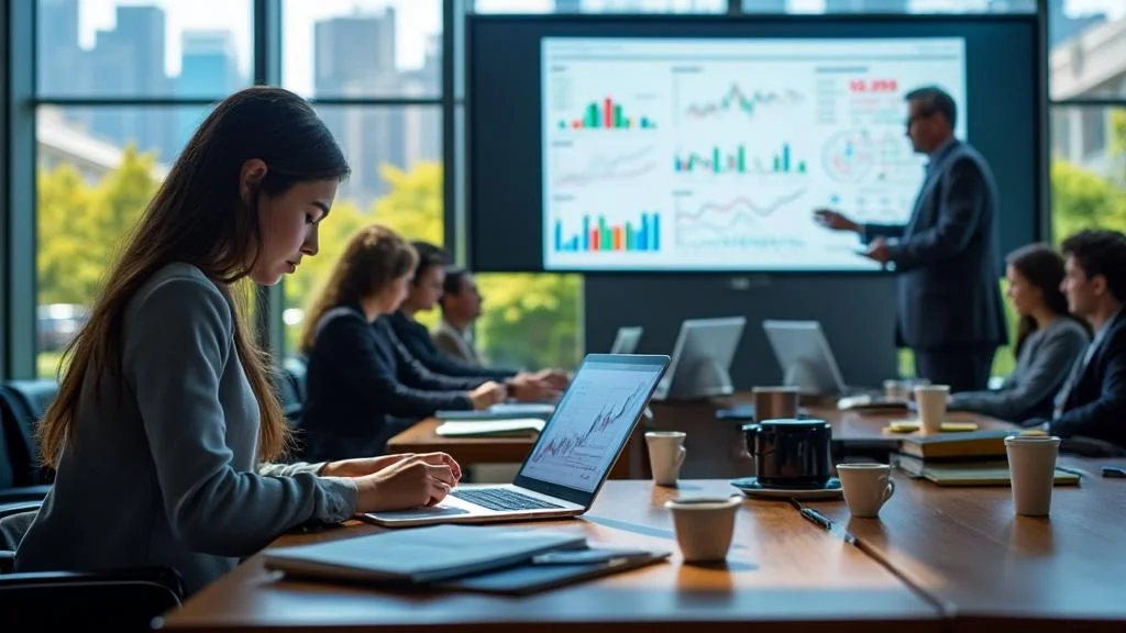 Étudiants en master en finance dans une salle moderne, combinant cours et immersion professionnelle